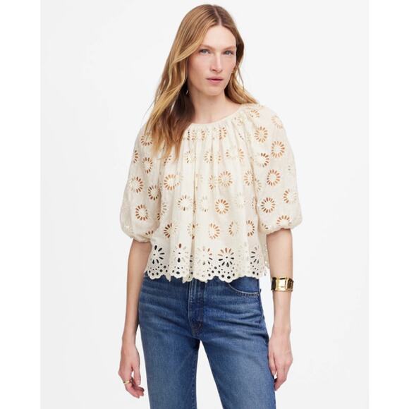 Madewell Embroidered Shirred Puff-Sleeve Top WMNS XS Cream Floral Eyelet Swingy - Picture 1 of 10